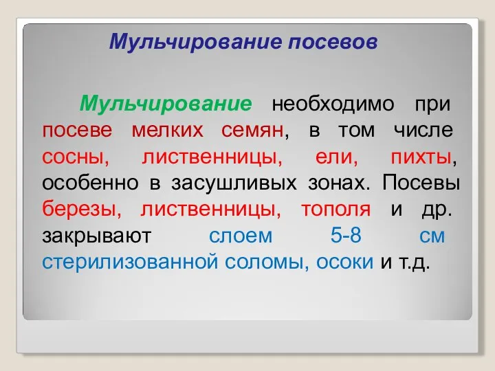 Мульчирование посевов Мульчирование необходимо при посеве мелких семян, в том