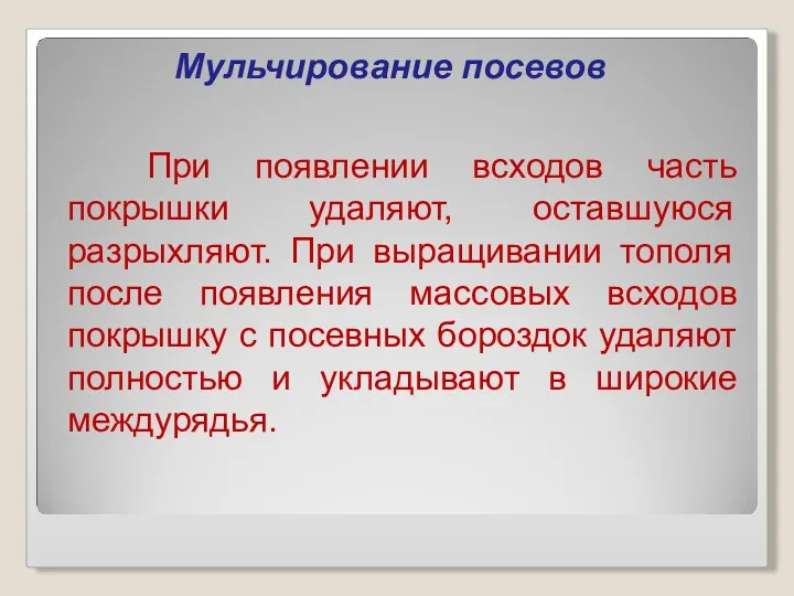 Мульчирование посевов При появлении всходов часть покрышки удаляют, оставшуюся разрыхляют.