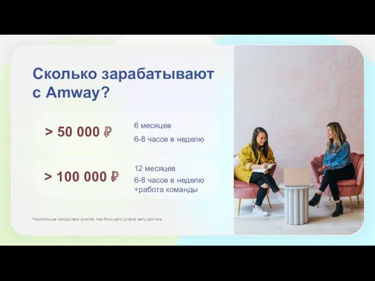 Сколько зарабатывают с Amway? > 50 000 ₽ 6 месяцев > 100 000