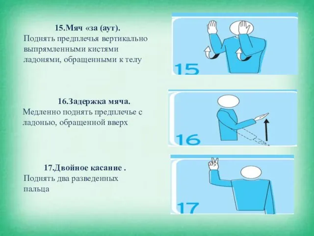 15.Мяч «за (аут). Поднять предплечья вертикально выпрямленными кистями ладонями, обращенными