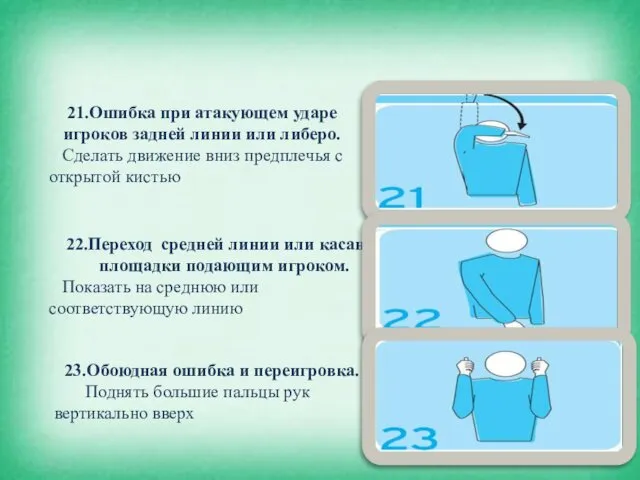 21.Ошибка при атакующем ударе игроков задней линии или либеро. Сделать