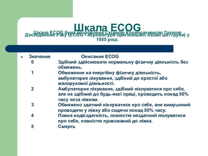 Шкала ECOG Шкала ECOG була розроблена Східною Кооперативною Групою Дослідження