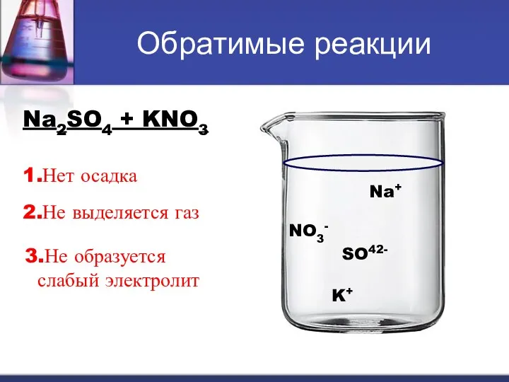 Обратимые реакции Na2SO4 + KNO3 Na+ SO42- K+ NO3- 1.Нет
