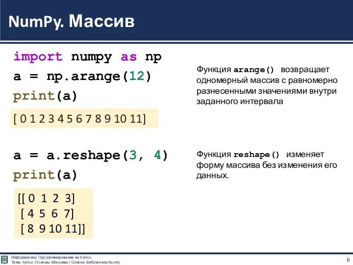 import numpy as np a = np.arange(12) print(a) a = a.reshape(3, 4) print(a)