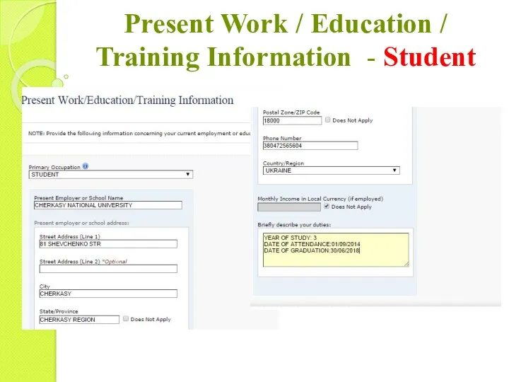Present Work / Education / Training Information - Student