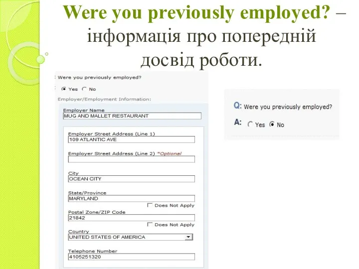 Were you previously employed? – інформація про попередній досвід роботи.