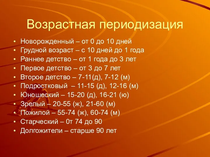 Возрастная периодизация Новорожденный – от 0 до 10 дней Грудной