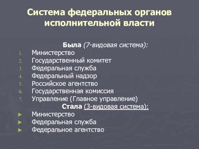 Система федеральных органов исполнительной власти Была (7-видовая система): Министерство Государственный