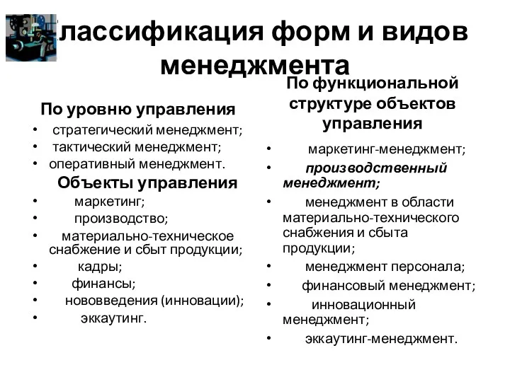 Классификация форм и видов менеджмента По уровню управления стратегический менеджмент;