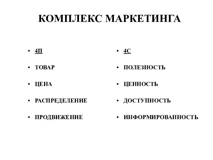 КОМПЛЕКС МАРКЕТИНГА 4П ТОВАР ЦЕНА РАСПРЕДЕЛЕНИЕ ПРОДВИЖЕНИЕ 4С ПОЛЕЗНОСТЬ ЦЕННОСТЬ ДОСТУПНОСТЬ ИНФОРМИРОВАННОСТЬ