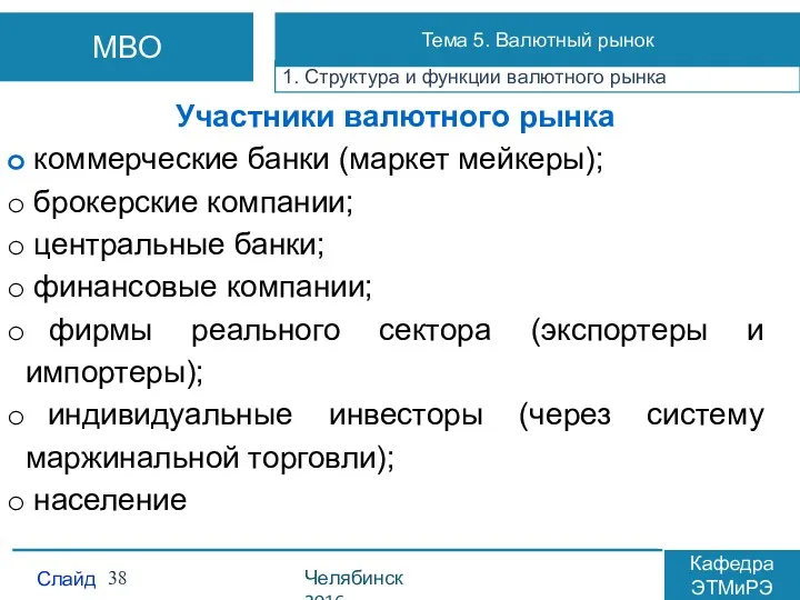 1. Структура и функции валютного рынка Слайд Челябинск 2016 Кафедра