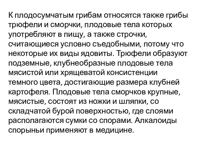 К плодосумчатым грибам относятся также грибы трюфели и сморчки, плодовые