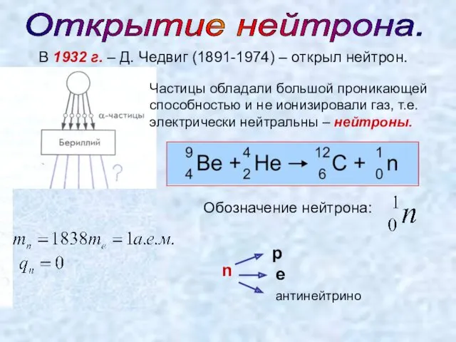 Открытие нейтрона. В 1932 г. – Д. Чедвиг (1891-1974) –