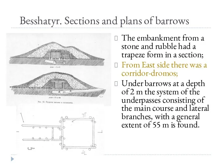 Besshatyr. Sections and plans of barrows The embankment from a