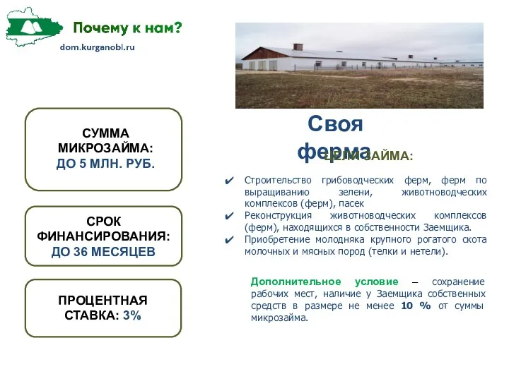 Своя ферма ЦЕЛИ ЗАЙМА: Строительство грибоводческих ферм, ферм по выращиванию