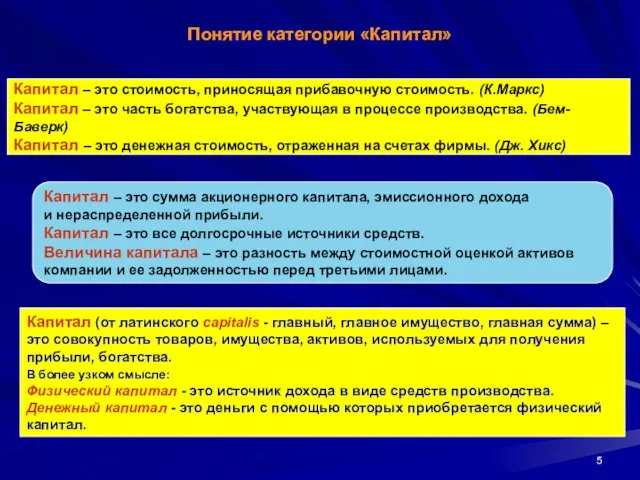 Капитал – это стоимость, приносящая прибавочную стоимость. (К.Маркс) Капитал –