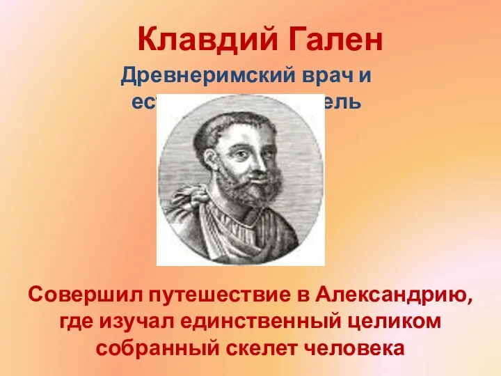 Клавдий Гален Древнеримский врач и естествоиспытатель Совершил путешествие в Александрию,