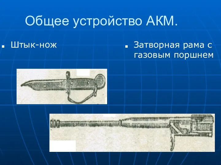 Общее устройство АКМ. Штык-нож Затворная рама с газовым поршнем