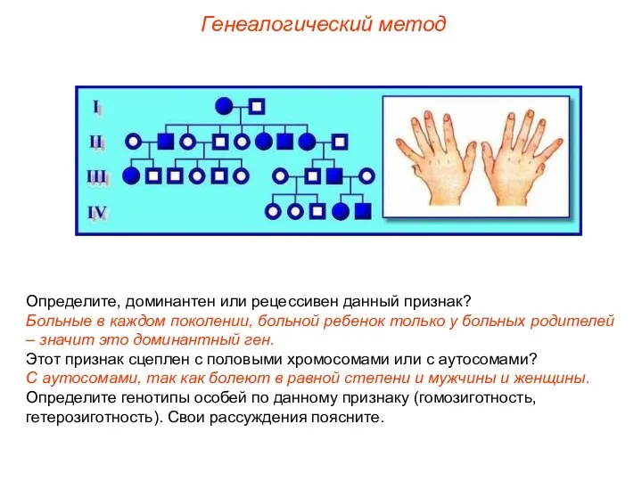 Генеалогический метод Определите, доминантен или рецессивен данный признак? Больные в