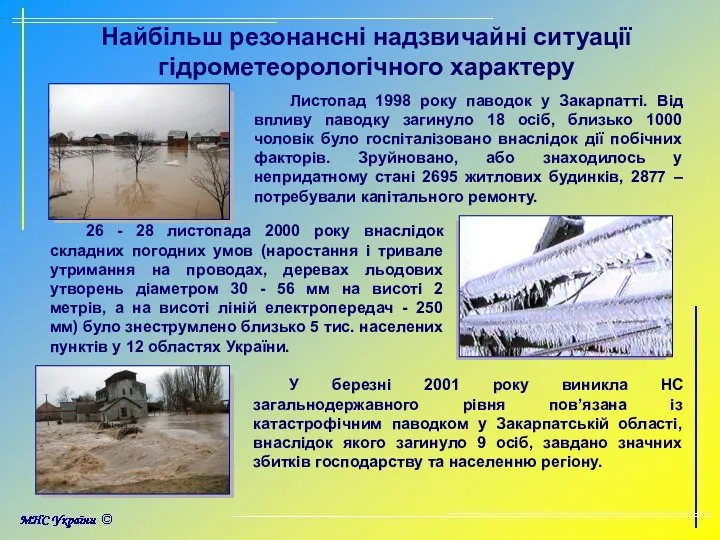 Найбільш резонансні надзвичайні ситуації гідрометеорологічного характеру 26 - 28 листопада