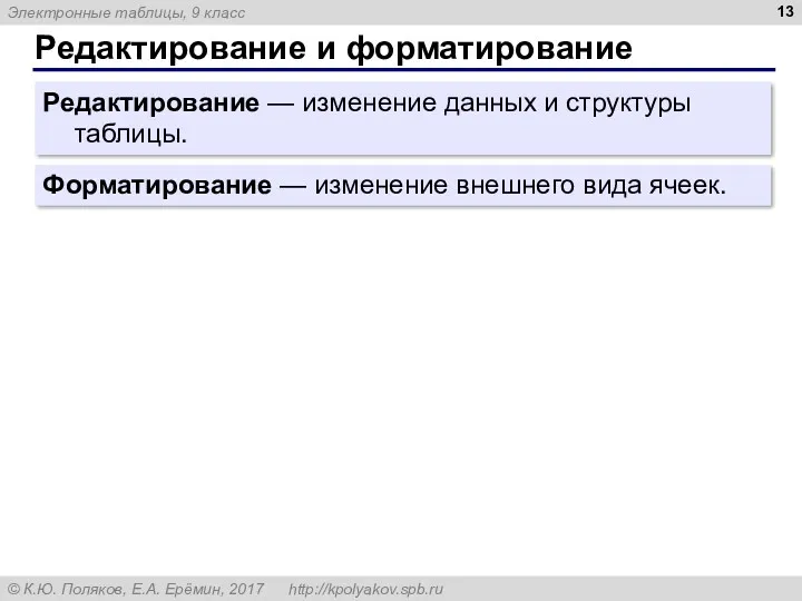 Редактирование и форматирование Редактирование — изменение данных и структуры таблицы. Форматирование — изменение внешнего вида ячеек.