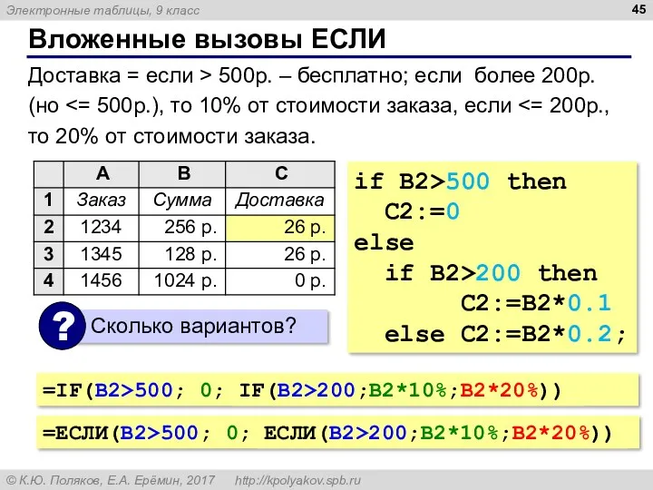 Вложенные вызовы ЕСЛИ if B2>500 then C2:=0 else if B2>200 then C2:=B2*0.1 else