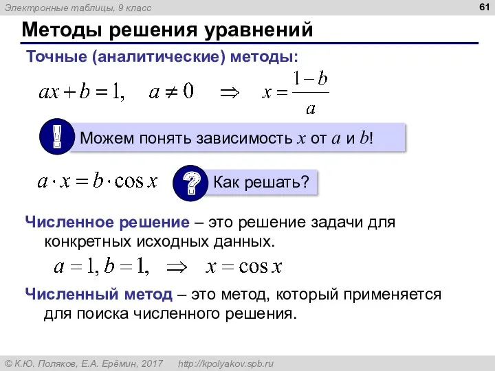 Методы решения уравнений Точные (аналитические) методы: Численное решение – это решение задачи для