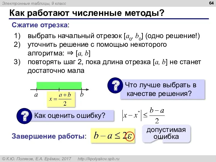 Как работают численные методы? Сжатие отрезка: выбрать начальный отрезок [a0, b0] (одно решение!)