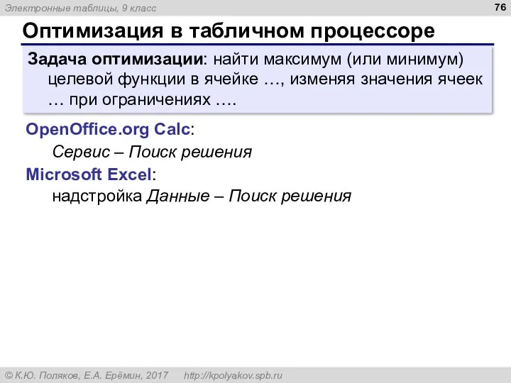 Оптимизация в табличном процессоре Задача оптимизации: найти максимум (или минимум)