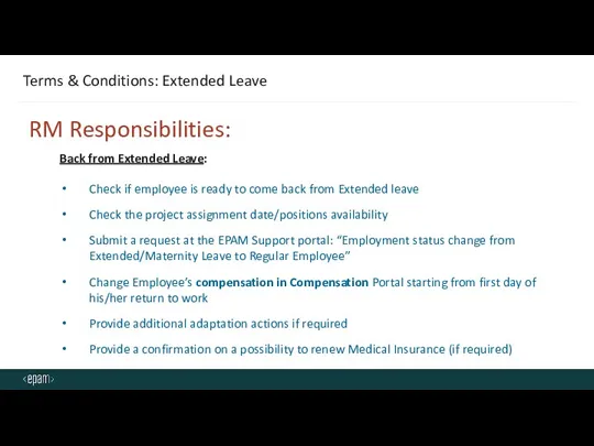 Terms & Conditions: Extended Leave RM Responsibilities: Back from Extended Leave: Check if
