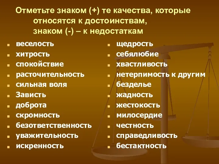 Отметьте знаком (+) те качества, которые относятся к достоинствам, знаком (-) – к