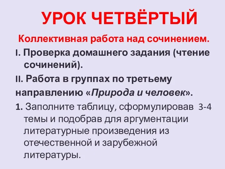 УРОК ЧЕТВЁРТЫЙ Коллективная работа над сочинением. I. Проверка домашнего задания