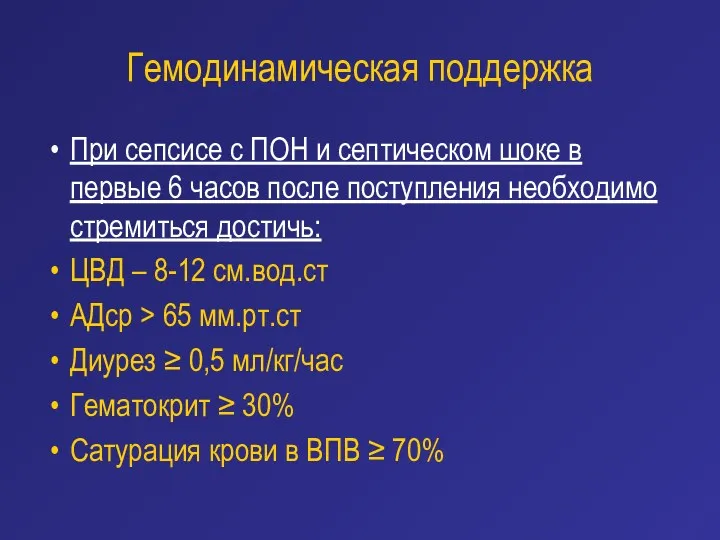 Гемодинамическая поддержка При сепсисе с ПОН и септическом шоке в