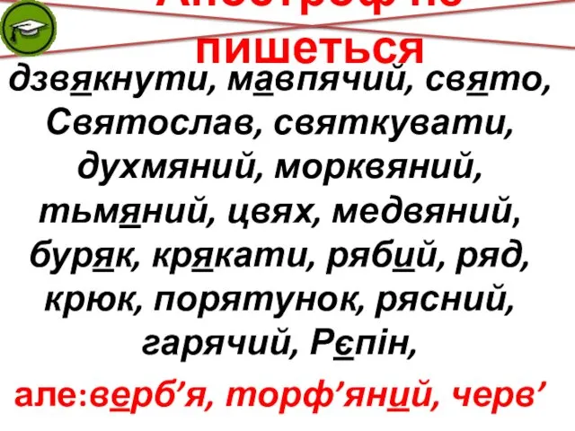 Апостроф не пишеться дзвякнути, мавпячий, свято, Святослав, святкувати, духмяний, морквяний,тьмяний,