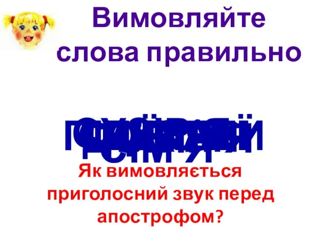 Вимовляйте слова правильно СОЛОВ’Ї ПІД’ЇХАТИ СУЗІР’Я ЛУК’ЯН ДОВІР’Я П’ЮТЬ СІМ’Я Як вимовляється приголосний звук перед апострофом?