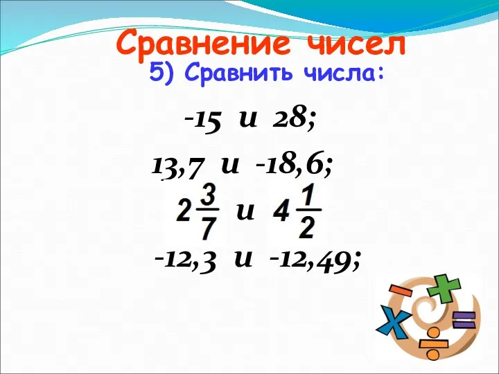 Сравнение чисел -15 и 28; 13,7 и -18,6; и ; -12,3 и -12,49; 5) Сравнить числа: