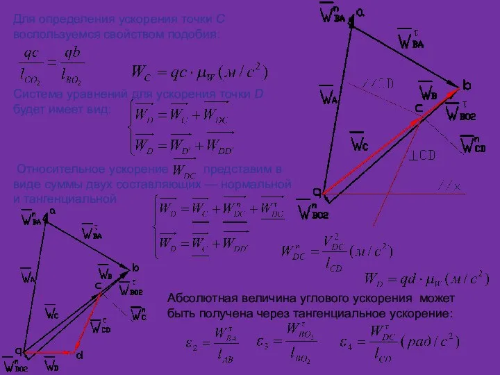 Для определения ускорения точки C воспользуемся свойством подобия: Система уравнений