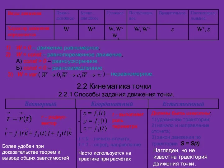 W = 0 – движение равномерное, W = const –