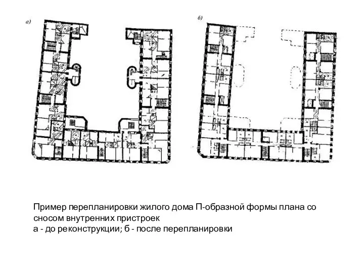 Пример перепланировки жилого дома П-образной формы плана со сносом внутренних