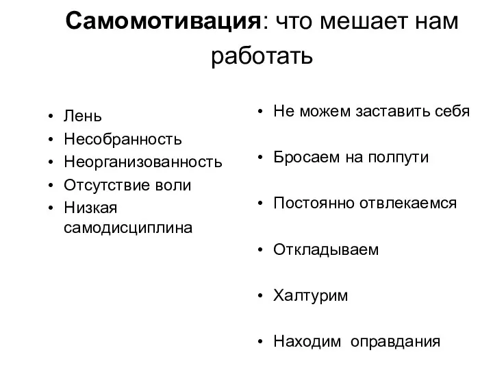 Самомотивация: что мешает нам работать Лень Несобранность Неорганизованность Отсутствие воли