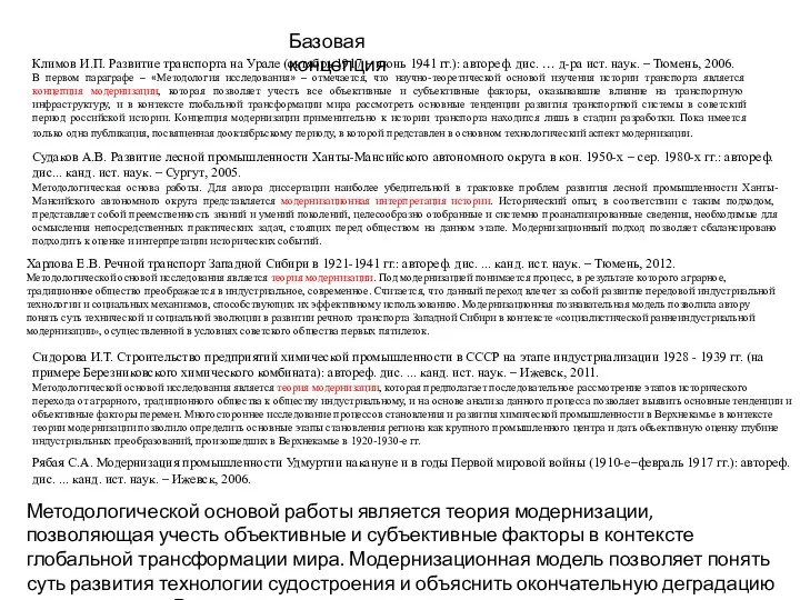 Базовая концепция Климов И.П. Развитие транспорта на Урале (октябрь 1917 – июнь 1941