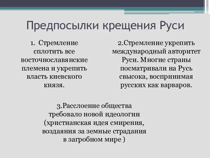 Предпосылки крещения Руси 1. Стремление сплотить все восточнославянские племена и