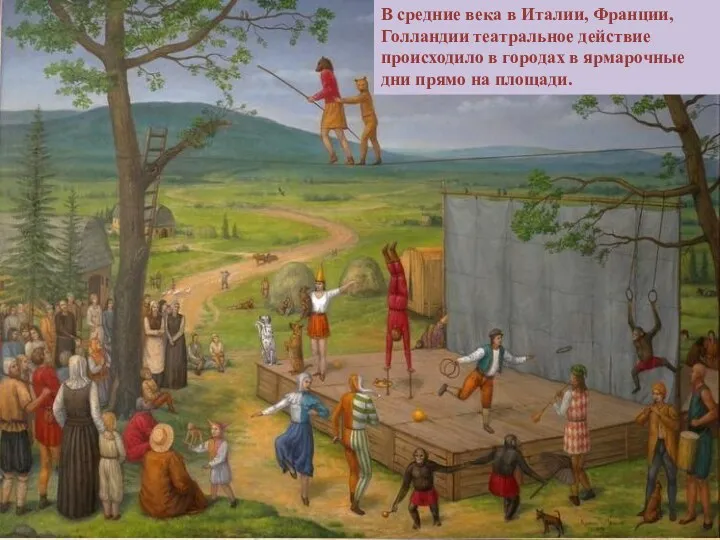 Средние века В средние века в Италии, Франции, Голландии театральное действие происходило в