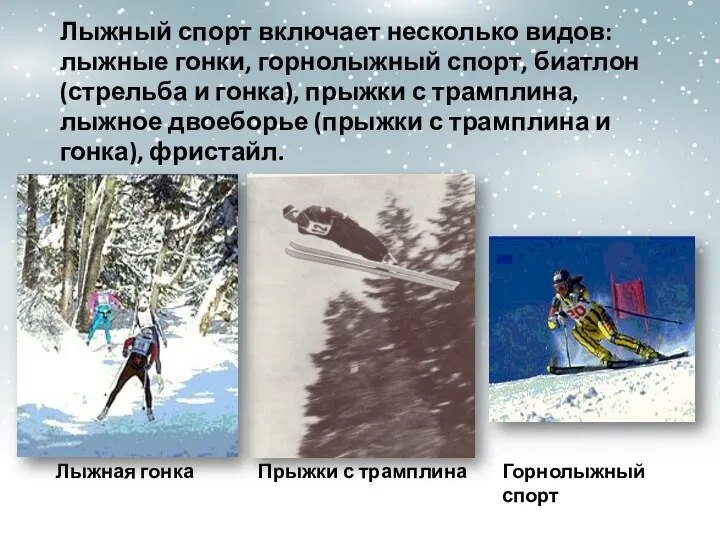 Лыжный спорт включает несколько видов: лыжные гонки, горнолыжный спорт, биатлон