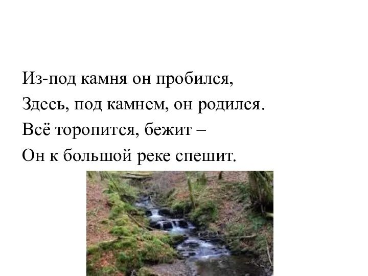 Из-под камня он пробился, Здесь, под камнем, он родился. Всё торопится, бежит –