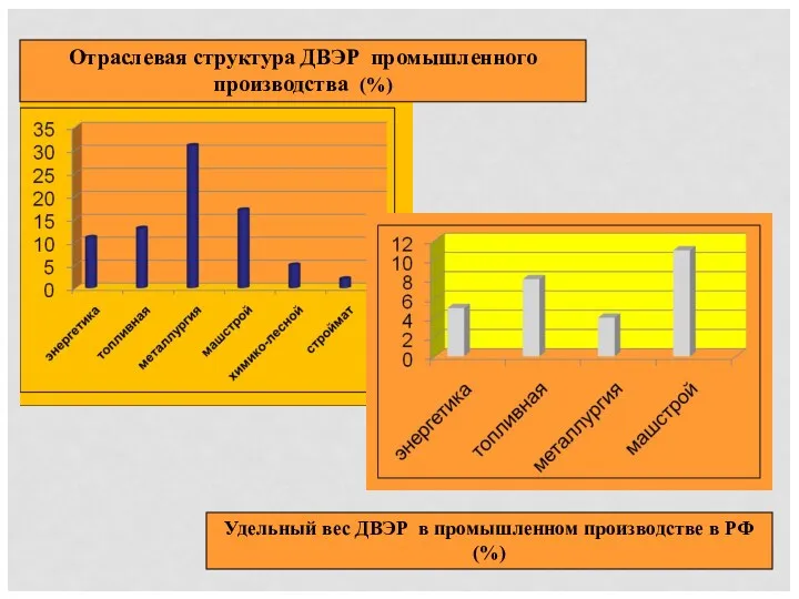 Отраслевая структура ДВЭР промышленного производства (%) Удельный вес ДВЭР в промышленном производстве в РФ (%)