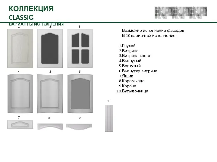 Возможно исполнение фасадов В 10 вариантах исполнения: Глухой Витрина Витрина-крест