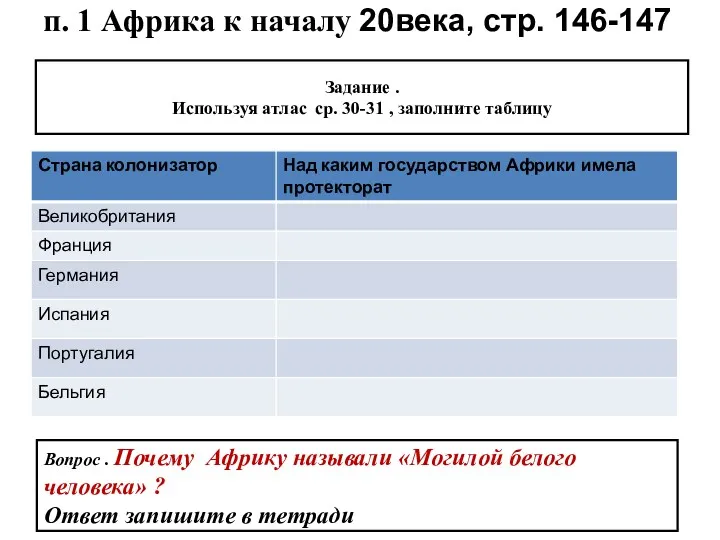 п. 1 Африка к началу 20века, стр. 146-147 Вопрос .