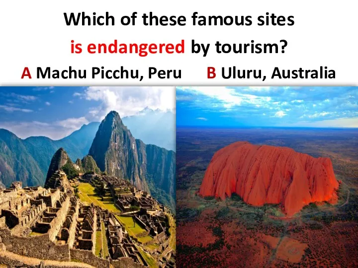 Which of these famous sites is endangered by tourism? A Machu Picchu, Peru B Uluru, Australia