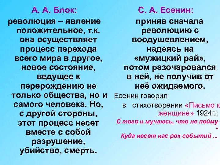 А. А. Блок: революция – явление положительное, т.к. она осуществляет процесс перехода всего